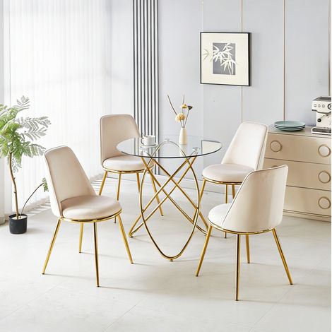 Set tavolo da pranzo Ø80x75 cm in vetro e metallo avorio, 4 sedie - MEUBLIV (1/5)