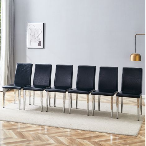 Set di 6 sedie da pranzo minimaliste, schienale ergonomico, PU nero e metallo argento (1/5)