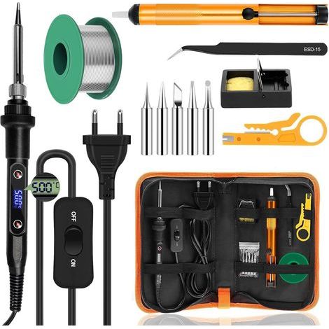 Fer à Souder Kit 80W Température Réglable 180-520°C Electronique de Precision avec Interrupteur ON/OFF, 5 Conseils de soudage, Pompe à Dessouder, Fil de Soudure, Station de Soudage, Pincettes (1/5)