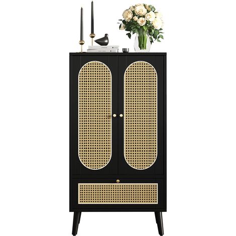 Aparador Alto con 2 Puertas y 1 Cajón, Frentes Efecto Ratán, Estilo Moderno, en Tablero de Partículas, Negro, 60×40×110,5 cm (1/5)