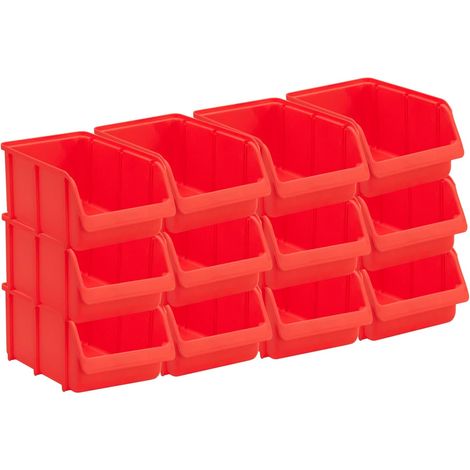 Set 12 tiroirs de rangement empilables, Boîtes de rangement, Rangement d'outils, haute stabilité dimensionnelle et capacité de charge, en polypropylène (PP), taille 4, rouge