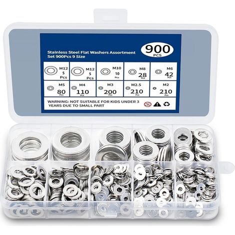 900 Stück Unterlegscheiben, sortierte Edelstahl-Unterlegscheiben, flache Metall-Sicherungsscheiben in 9 Größen für Sanitärinstallationen, Fabriken, Reparaturen - M2-M12