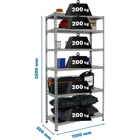 SimonRack Scaffale Portaoggetti, 2500x1200x500 mm, 6 Ripiani, Portata 200 kg per Ripiano, Metallo, Scaffale da Garage, Grigio – Simonclick