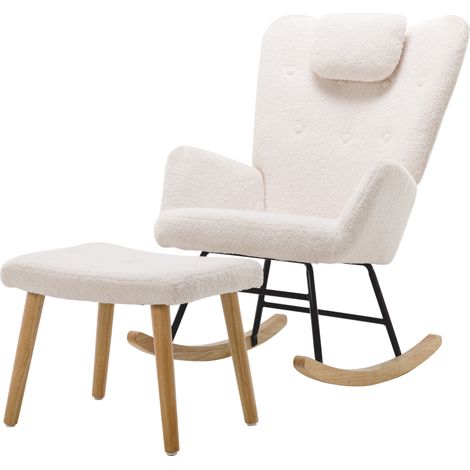 Fauteuil à bascule blanc confortable en bouclé avec repose-pieds et appui-tête - Charge maximale 100 kg (1/5)