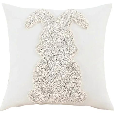 Taies d'oreiller sur le thème de Pâques, ornées d'oreilles de lapin et d'une bordure jacquard en fausse fourrure douce et moelleuse, convenant aux chambres et aux canapés. (1/5)