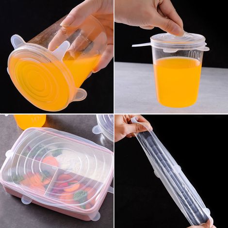 Lot de 6 couvercles extensibles en silicone réutilisables, 6 tailles différentes, pour conserver les aliments au réfrigérateur et au micro-ondes. (1/5)