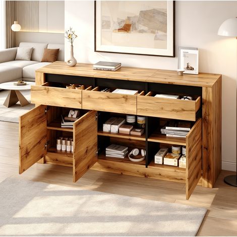 Sideboard 135x35x70 cm, 3 cassetti, ripiani regolabili, effetto legno ondulato, truciolare, colore naturale (1/5)