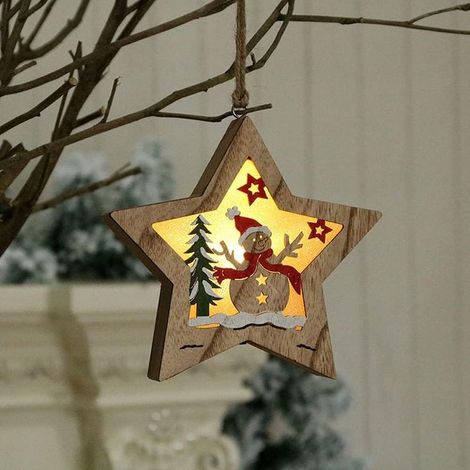 Ornement Lumineux - Etoile A Cinq Branches Et Bonhomme De Neige En Bois - Decoration Suspendue Pour Noel - 1 Piece (1/5)