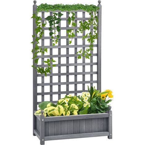 Jardinière surélevée avec treillis, bac à fleurs, support pour plantes grimpantes, arche pour rosiers grimpants, bois de jardin, gris, 64 x 28 x 120 cm (1/5)