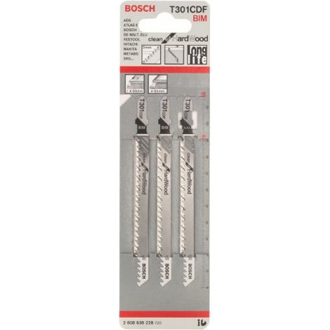 Bosch Professional 3 X Lame Per Seghetto Alternativo T 301 CDF Clean Hard Wood (per Legno Duro, Straight Cut, Accessorio Seghetto Alternativo) (1/4)