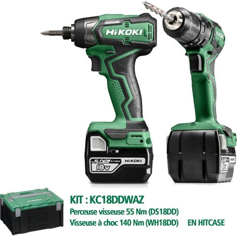 Kit Perceuse visseuse + Visseuse à choc : 18V - 5,0 Ah Li-ion - Hikoki