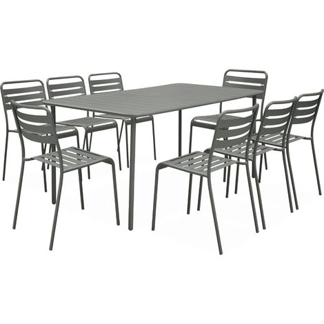Table de jardin en métal kaki + 8 chaises. traitement antirouille. lattes et bords arrondis (1/5)
