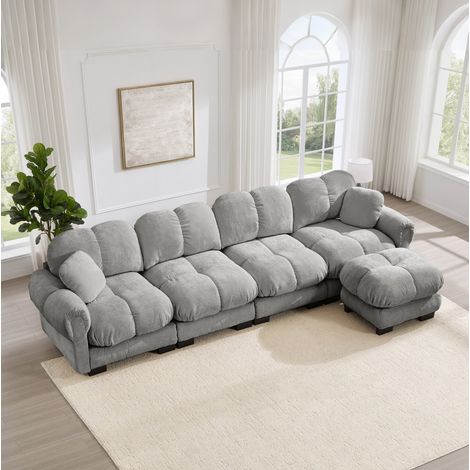 Divano a L 330x149x90 cm, modulare, con chaise longue mobile, cuciture trapuntate, tessuto chenille, grigio chiaro (1/5)