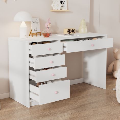 MODFU – Escritorio 120x45x74 cm blanco con 5 cajones de los cuales 1 profundo y tiradores de cerámica rosa, doble función escritorio o tocador – Blanco/rosa (1/5)