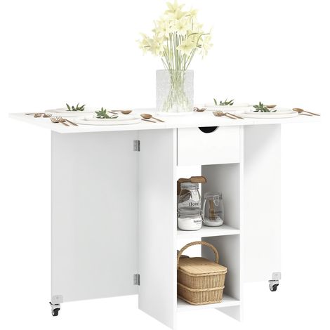 Table de salle à manger pliante pour 2 à 4 personnes, table de cuisine pliante avec espace de rangement, table extensible sur roulettes, blanche (1/5)