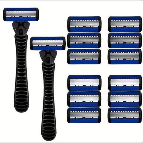 rasoir electriques hommes-Rasoir manuel 6 lames – pour tous types de barbe – 2 poignées grises + 12 lames noires et bleues – idéal pour usage quotidien et voyage