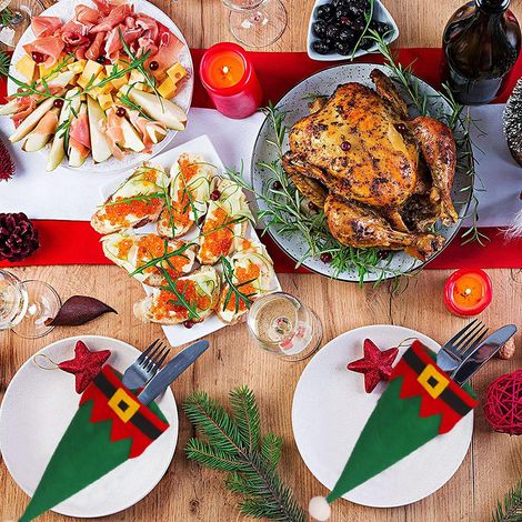 Lot de 4 accessoires de table de Noël : chapeaux miniatures, fourchettes et couteaux décorés, pochettes pour couverts, housses de bouteille (en sachet) - assortiment de styles. (1/5)