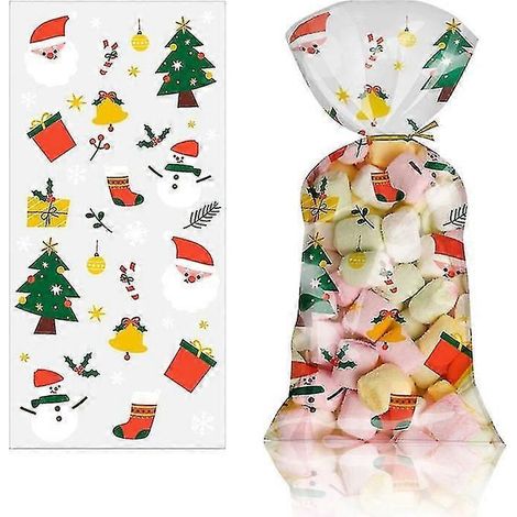50 Stück transparente PVC-Geschenktüten mit Weihnachtsmann-, Weihnachtsbaum- und Elchmotiven für Weihnachtsgeschenke, Backwaren, Süßigkeiten und Kekse-Style12