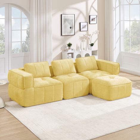 Canapé d'angle convertible 3 places avec pouf, sans structure rigide, mousse dense 32D, assise profonde et moelleuse, revêtement doux, parfait pour séjour, teinte jaune. (1/5)