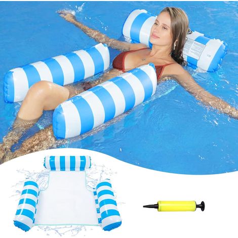 Flottantes Hamac Piscine Hamac Gonflable Multi Usage 4 -en-1 Flottantes Hamac Bouées et Matelas gonflables Chaise Longue de Piscine Portable Flotteur pour Adultes, Enfants(Bleu Rayé) (1/5)