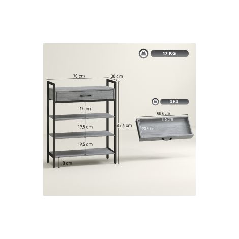 Meuble à chaussures gris à 4 niveaux en panneau aggloméré et métal, avec rangement pour 9 paires, pour entrée, couloir et dressing (1/5)