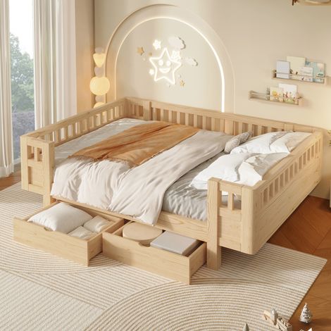 Lit plateforme 140x200 avec barrière haute et 2 grands tiroirs, coloris bois, REDOM (1/5)