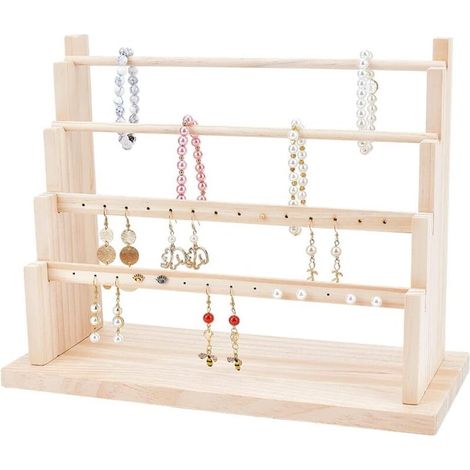 Présentoirs de Boucles D'Oreilles en Bois, 3 Couches Bijoux Présentoir Bois Porte-Carte Photos Porte-Carte de Visite Affichage avec Support de Base pour Domicile Magasin, 30x14.1x40 cm (1/4)
