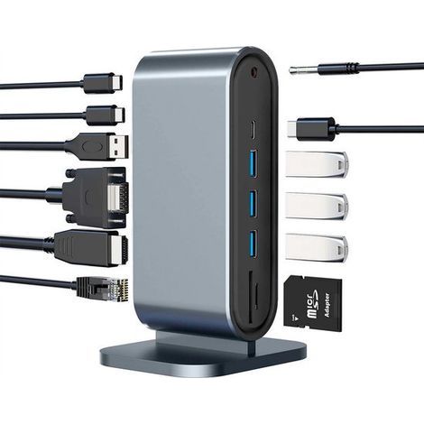 Station d'accueil USB-C 12-en-1 – 3 écrans, charge 100 W, DisplayLink, HDMI, USB 3.0, lecteur de carte SD, Ethernet, compatible Mac et Windows