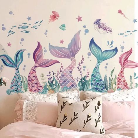 Stickers Muraux Sirène Sous La Mer - AQSACOKIYA - Tropicaux Océan Décoration Murale Chambre Bébé Fille Salle de Bain