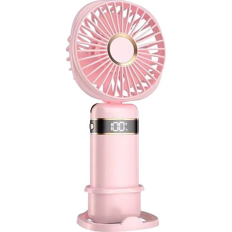 Ventilador de mano，Rosa，Recargable por USB，Ventilador de escritorio con 5 velocidades de viento，Pantalla digital LED y soporte para teléfono (1/5)