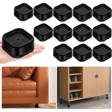 Elevadores de muebles ajustables de color negro, 12 piezas, Cuadrados y apilables, altura ajustable a 2,5 cm/5 cm/7,6 cm, escritorio, sofá (1/5)