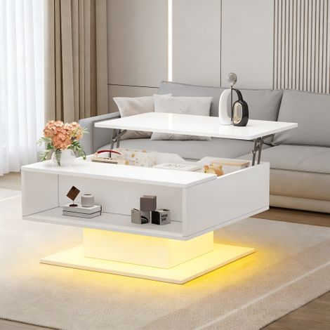 Table basse relevable 80x77x40 cm - Design haute brillance - Avec éclairage LED - Rangement semi-ouvert - Blanc