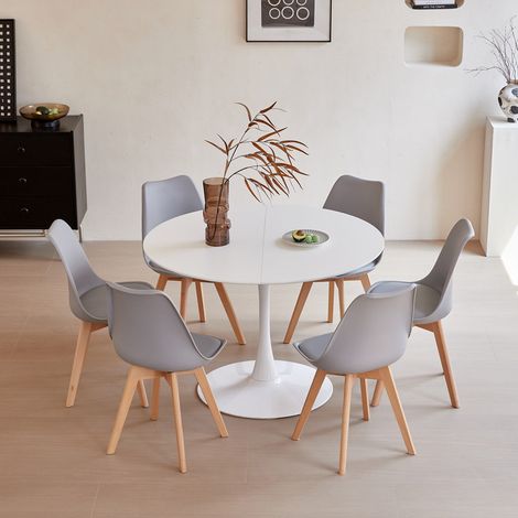 Wokaka Set Tavolo e Sedie da Pranzo - Tavolo Moderno 110 cm (Bianco) - Sedie (Grigio) - 6 Sedie