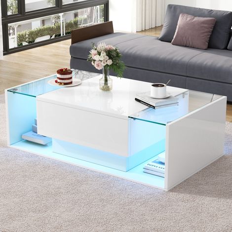 Table basse haute brillance 100 x 50 x 31 cm - 1 tiroir - Avec éclairage LED - Verre trempé - Blanc
