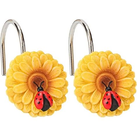 Rideaux et supports de rideauxCrochets de rideau de douche, tournesol avec coccinelle, en acier et résine, jaunes, lot de 12. (1/5)
