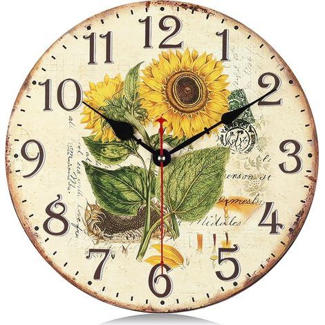 Sonnenblumengelbe Holzwanduhr, geräuschlos (30 cm), batteriebetrieben, Vintage-Shabby-Chic-Stil, rustikaler Stil, ideal für die Küche oder das Bauernhaus. (1/5)