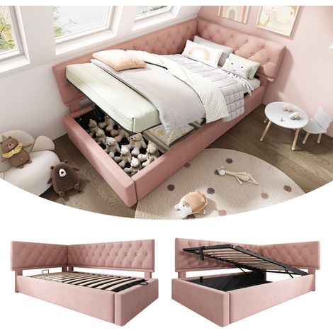 Lit de jour en velours rose 90x190 cm avec rangement hydraulique et sommier à lattes (1/5)