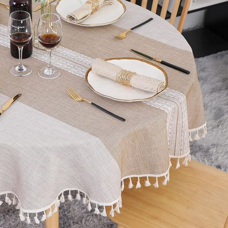 Nappe Ronde 140 cm Khaki Nappe de Table en Lin & Coton Lavable Anti-Tache avec Glands, Broderie à Rayures pour Anniversaire, Mariage, Salle à Manger, Table Basse (1/5)