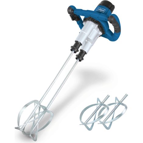 Scheppach Malaxeur double turbine PM1800D – Mélangeur à main – Puissance 1800 W – Emmanchement M14 – 790 min-1 – 2 vitesses – Poignées ergonomiques – Idéal pour peinture, mortier et crépis