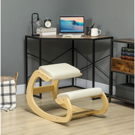 Silla de rodillas de madera, blanco crema, balancín, 55 x 85 x 55 cm (1/5)
