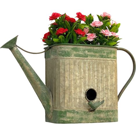 DanDiBo Vogelhaus mit Blumentopf zum Aufhängen Metall Deko Gießkanne wetterfest 481999 Nistkasten 40 cm Futterstation für Vögel Shabby Metallkanne Kanne Balkon