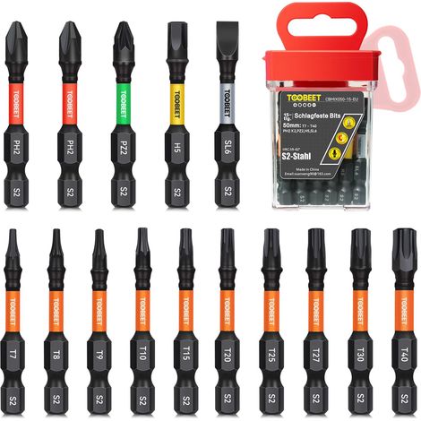 Jeu de 15 Embouts de Vissage 50 mm (Torx, PH, PZ, Hex, Fente), Acier S2 Magnétique, Embouts pour Visseuse à Choc, Tige Hexagonale 1/4" avec Boîte de Rangement (1/5)