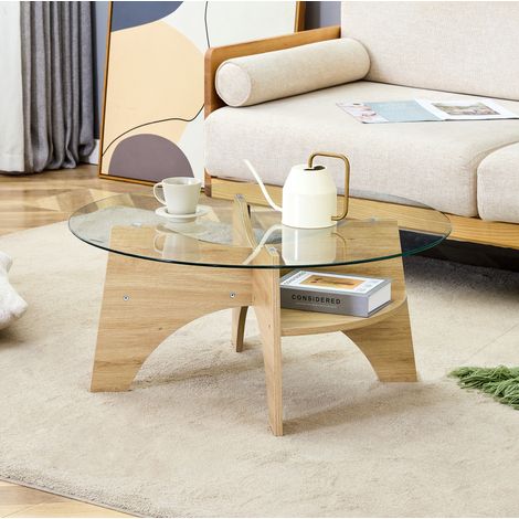Mesa centro redonda de cristal y MDF 80 cm OKMYHOME (1/5)