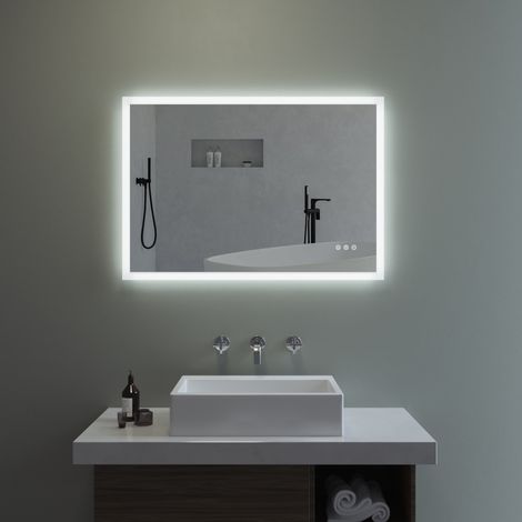 LED Badspiegel Badezimmerspiegel mit Beleuchtung 100x70cm Touch Wandspiegel Antibeschlage, Energiesparend Lichtspiegel, IP44, 3 Lichtfarben einstellbar