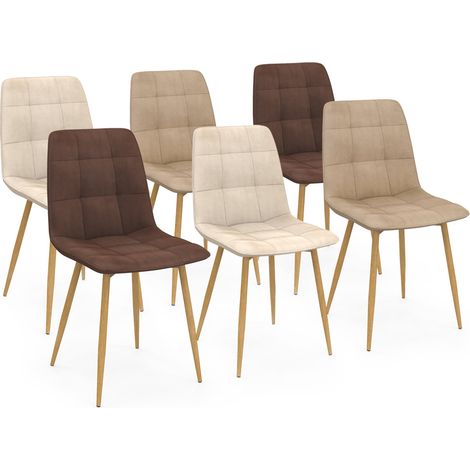 Set di 6 sedie MILA in velluto misto taupe x2, beige x2 e marrone x2 con gambe effetto legno per sala da pranzo (1/5)