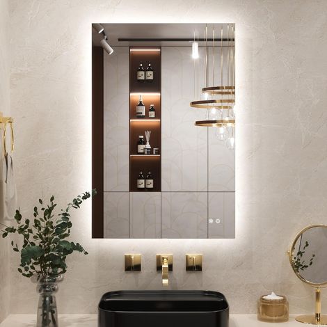 Miroir Salle de Bain LED 60x90cm, Miroir Carré Rétroéclairé Antibuée, 3 Couleurs Lumière, Gradable, Mémoire, Verre Trempé IP44 Étanche, Horizontal/Vertical (1/5)