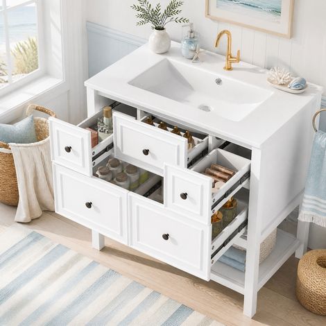 Meuble de salle de bain avec vasque intégrée 76 x 46,5 x 82 cm, 5 tiroirs, blanc DESVIAE (1/4)