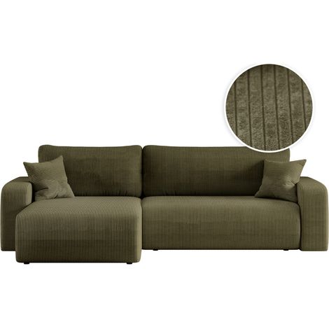 Loungitude – Canapé convertible d'angle réversible 5 places – Velours côtelé vert kaki – Coffre de rangement intégré – Idéal pour grands salons (1/5)