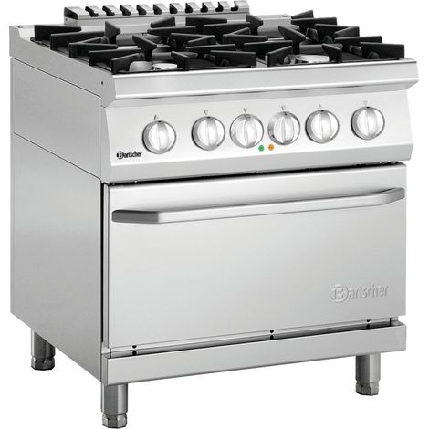 Fourneau inox à gaz 4 feux, sur four électrique 3 x GN 2/1, 29 400 W, 400 V, GAZ (1/2)