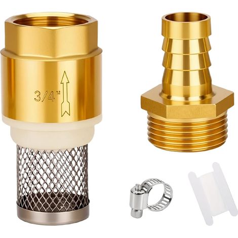 Clapet anti-retour en laiton 3/4", filtre d'aspiration, valve à pied en laiton avec clapet anti-retour, panier d'aspiration, raccord de tuyau et collier de serrage (DN20 3/4" IG) (1/5)